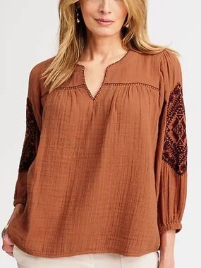 J. Jill Terracotta Cotton Gauze Blouse with Embroidered Sleeves
